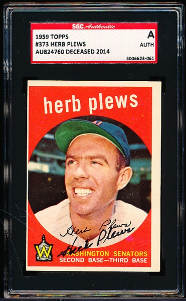 Autographed 1959 Topps Baseball- #373 Herb Plews, Washington- SGC Certified & Encapsulated