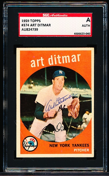 Autographed 1959 Topps Baseball- # 374 Art Ditmar, Yankees- SGC Certified & Encapsulated