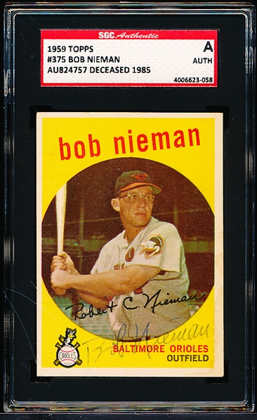 Autographed 1959 Topps Baseball- #375 Bob Nieman, Orioles- SGC Certified & Encapsulated