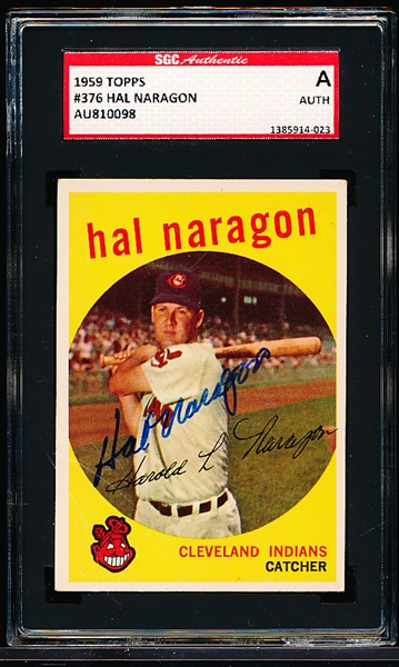 Autographed 1959 Topps Baseball- #376 Hal Naragon, Cleveland- SGC Certified & Encapsulated