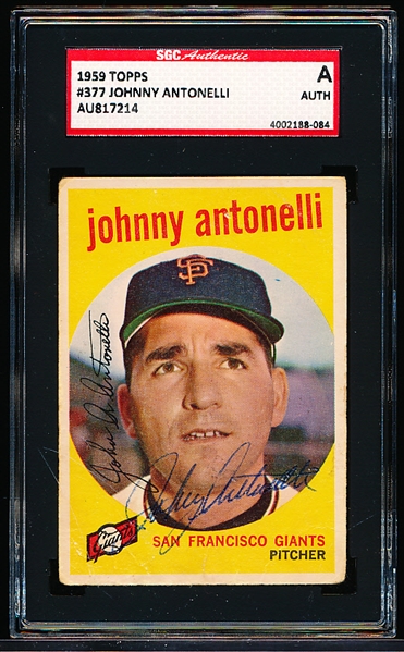 Autographed 1959 Topps Baseball- #377 Johnny Antonelli, Giants- SGC Certified & Encapsulated