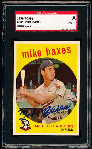 Autographed 1959 Topps Baseball- #381 Mike Baxes, KC A’s- SGC Certified & Encapsulated