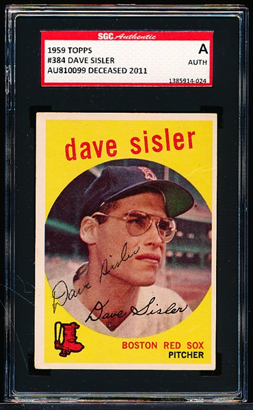 Autographed 1959 Topps Baseball- #384 Dave Sisler, Red Sox- SGC Certified & Encapsulated