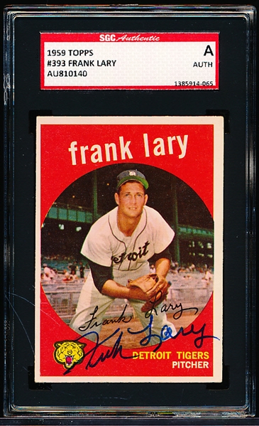 Autographed 1959 Topps Baseball- #393 Frank Lary, Tigers- SGC Certified & Encapsulated