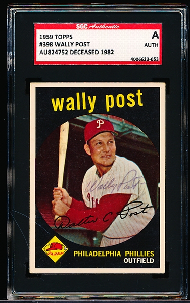 Autographed 1959 Topps Baseball- #398 Wally Post, Phillies- SGC Certified & Encapsulated