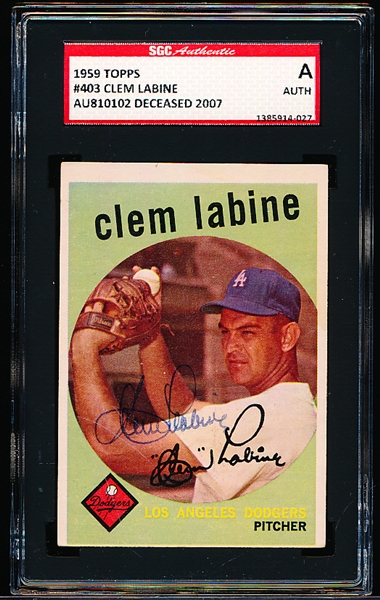 Autographed 1959 Topps Baseball- #403 Clem Labine, LA Dodgers- SGC Certified & Encapsulated