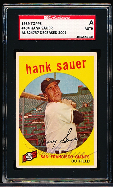 Autographed 1959 Topps Baseball- #404 Hank Sauer, Giants- SGC Certified & Encapsulated