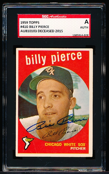 Autographed 1959 Topps Baseball- #410 Billy Pierce, White Sox- SGC Certified & Encapsulated