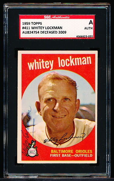 Autographed 1959 Topps Baseball- #411 Whitey Lockman, Baltimore- SGC Certified & Encapsulated