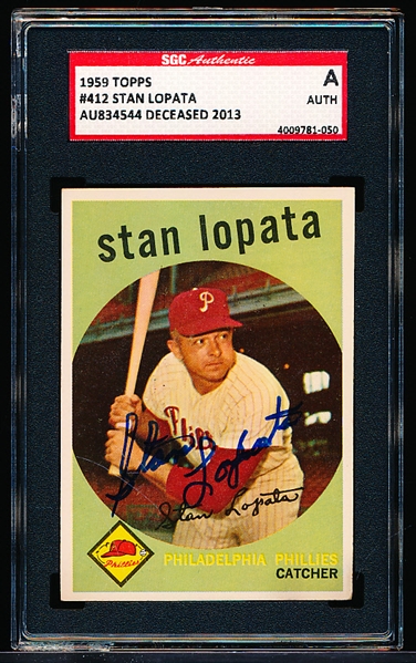 Autographed 1959 Topps Baseball- #412 Stan Lopata, Phillies- SGC Certified & Encapsulated