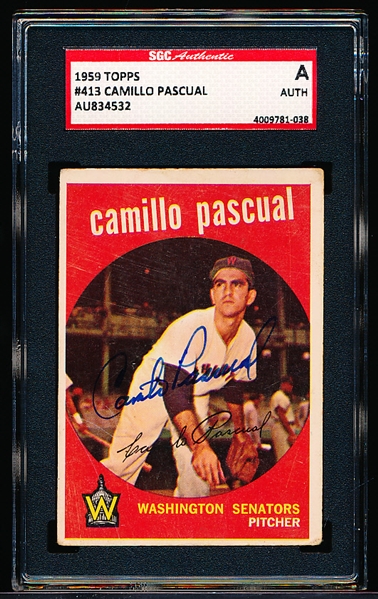 Autographed 1959 Topps Baseball- #413 Camillo Pascual, Washington- SGC Certified & Encapsulated