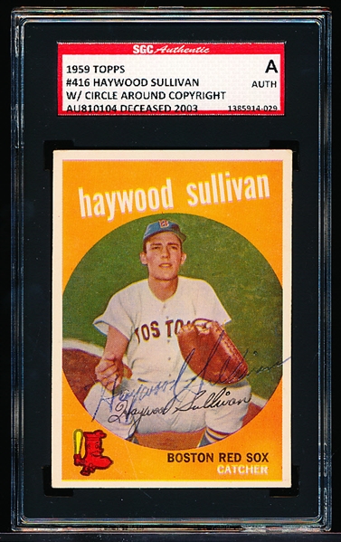 Autographed 1959 Topps Baseball- #416 Haywood Sullivan, Red Sox- SGC Certified & Encapsulated