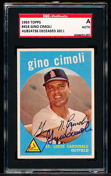 Autographed 1959 Topps Baseball- #418 Gino Cimoli, Cardinals- SGC Certified &d Encapsulated