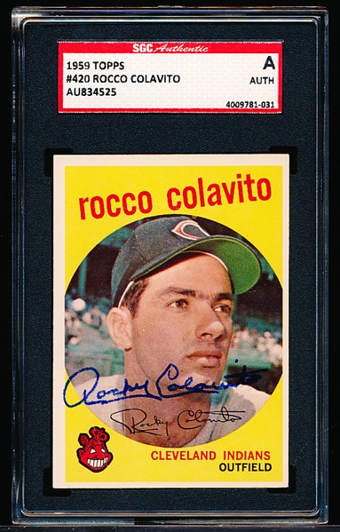 Autographed 1959 Topps Baseball- #420 Rocky Colavito, Cleveland- SGC Certified & Encapsulated