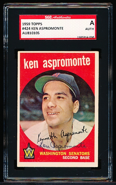 Autographed 1959 Topps Baseball- #424 Ken Aspromonte, Washington- SGC Certified & Encapsulated