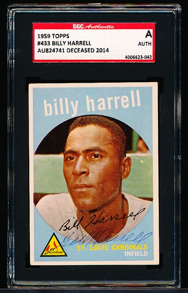 Autographed 1959 Topps Baseball- #433 Billy Harrell, Cardinals- SGC Certified & Encapsulated