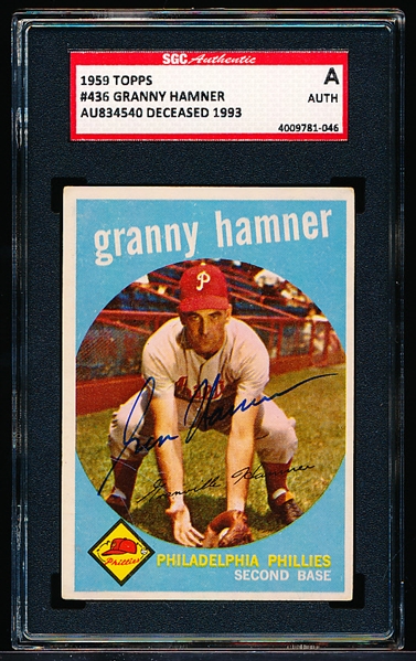 Autographed 1959 Topps Baseball- #436 Granny Hamner, Phillies- SGC Certified and Encapsulated