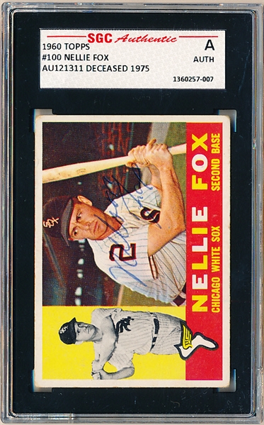 Autographed 1959 Topps Baseball- #100 Nellie Fox, White Sox- SGC Certified and Encapsulated