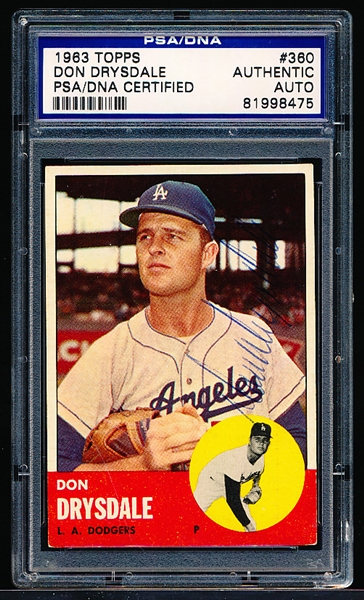 Autographed 1963 Topps Baseball- #360 Don Drysdale, Dodgers- PSA/ DNA Certified & Encapsulated