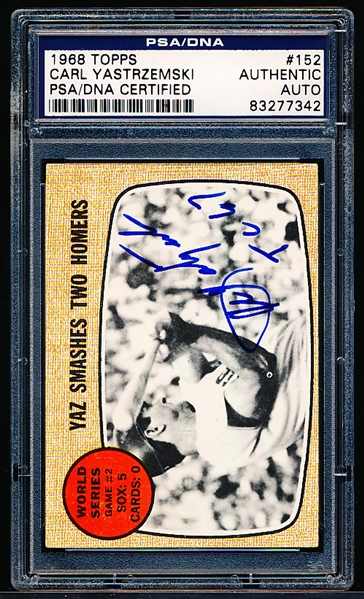 Autographed 1968 Topps Baseball- #152 Yaz Smashes Two Homers (WS)- PSA/ DNA Certified & Encapsulated