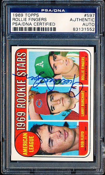 Autographed 1969 Topps Baseball- #597 Rollie Fingers Rookie- Signed by Fingers! PSA/DNA Certified & Encapsulated