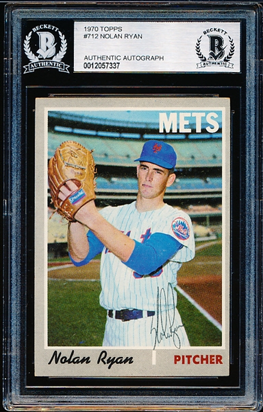 Autographed 1970 Topps Baseball- #712 Nolan Ryan, Mets- Beckett Certified & Encapsulated