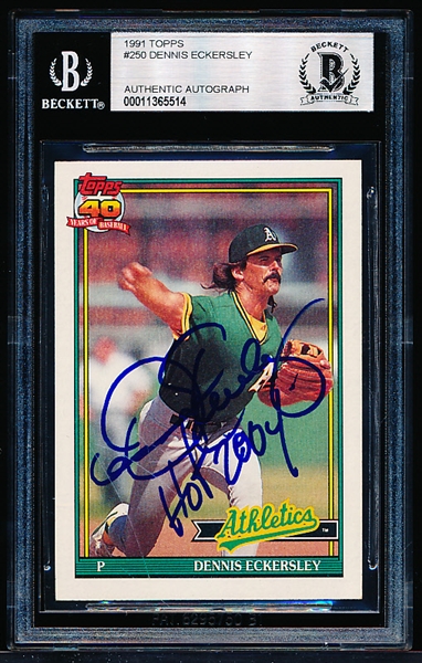 Autographed 1991 Topps Baseball- # 250 Dennis Eckersley, A’s- Beckett Certified & Encapsulated