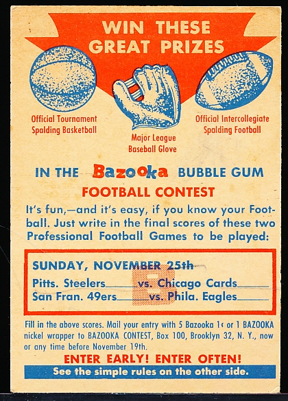 1956 Topps Fb- Contest Card #B Nov 25