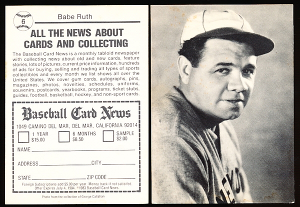 1983 Baseball Card News- Black & White Ad Cards- #6 Babe Ruth- 4 Cards