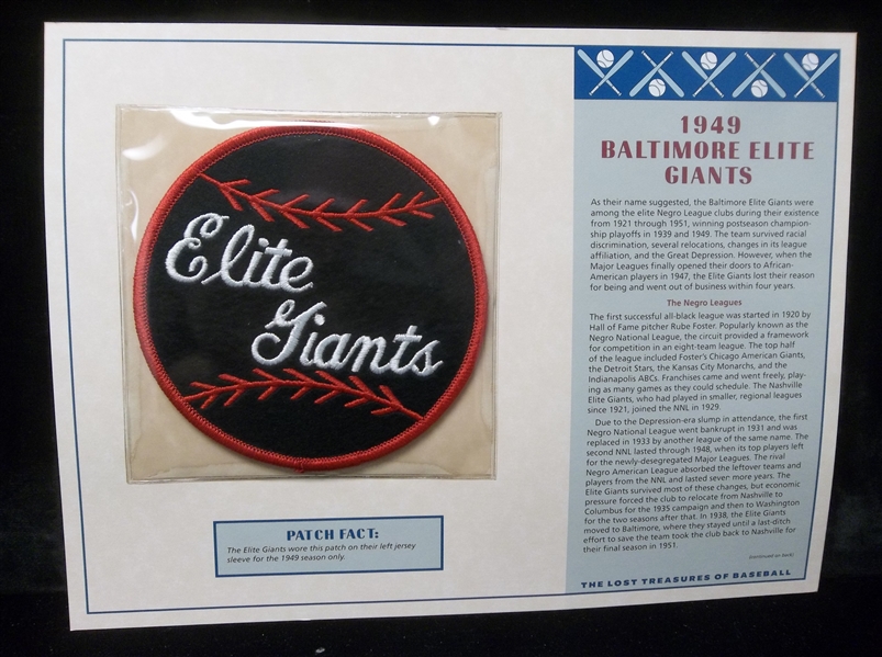 Willabee & Ward “Lost Treasures of Baseball” 1949 Baltimore Elite Giants Negro League Patch