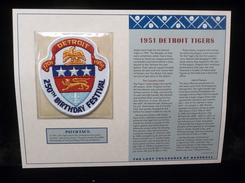 Willabee & Ward “Lost Treasures of Baseball” 1951 Detroit Tigers 250th City Anniversary Patch