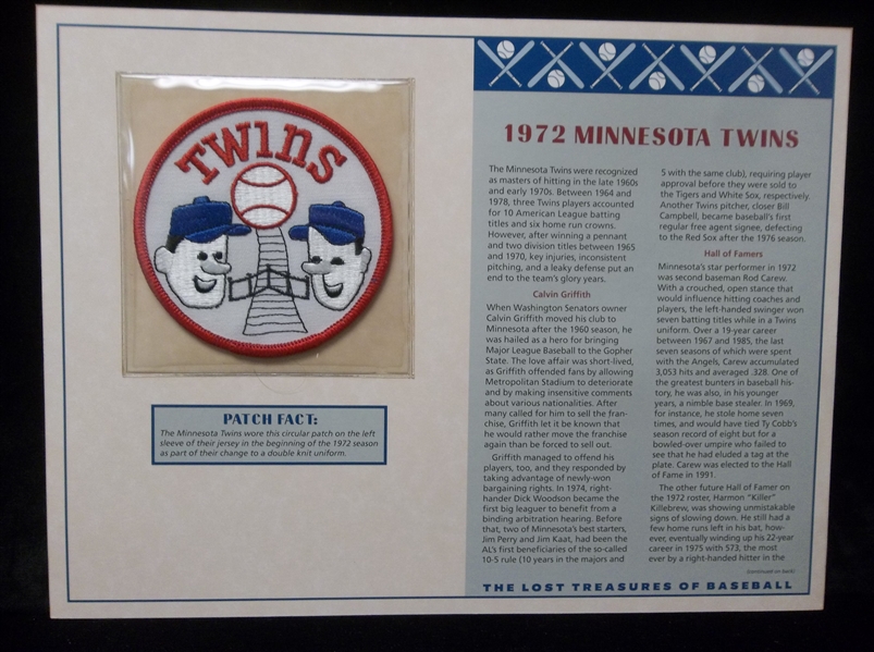 Willabee & Ward “Lost Treasures of Baseball” 1972 Minnesota Twins Patch