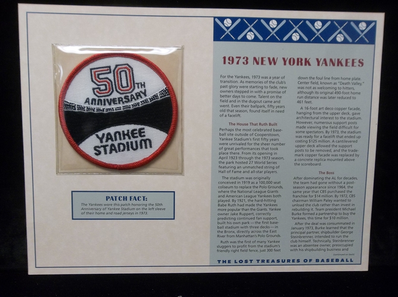 Willabee & Ward “Lost Treasures of Baseball” 1973 New York Yankees 50th Anniversary Yankee Stadium Patch