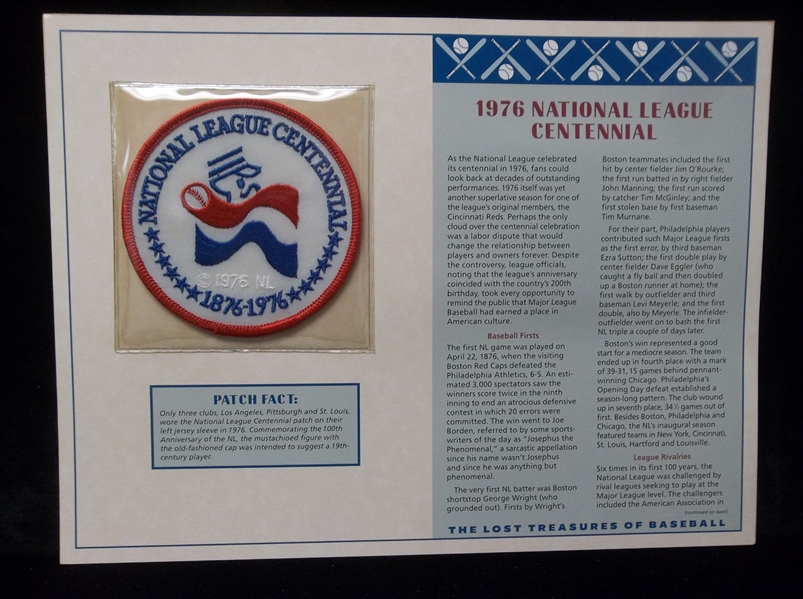 Willabee & Ward “Lost Treasures of Baseball” 1976 National League Centennial (1876-1976) Patch