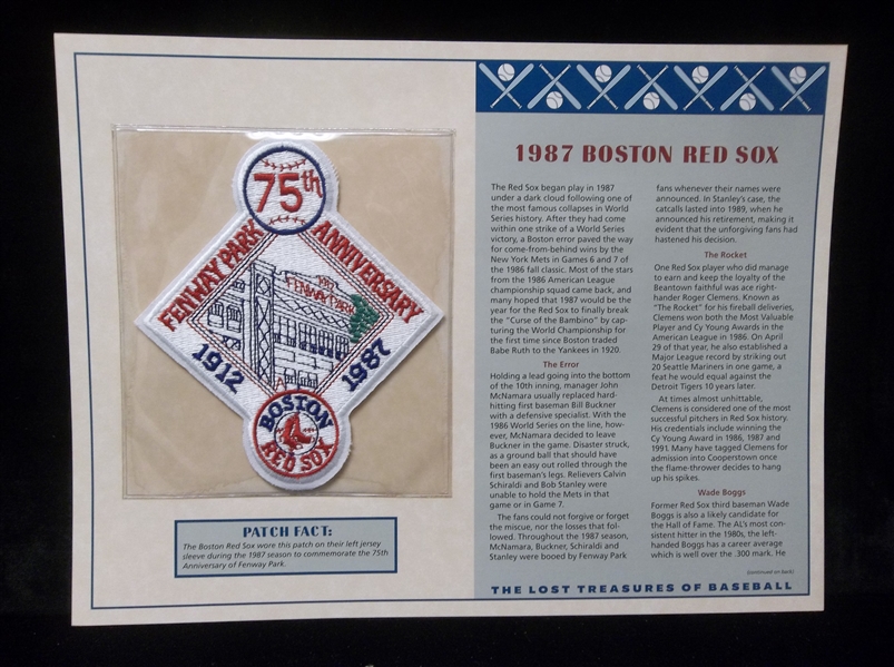 Willabee & Ward “Lost Treasures of Baseball” 1987 Boston Red Sox 75th Anniversary Fenway Park Patch