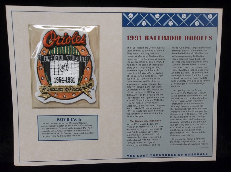 Willabee & Ward “Lost Treasures of Baseball” 1991 Baltimore Orioles Memorial Stadium (1954-1991) Farewell Patch