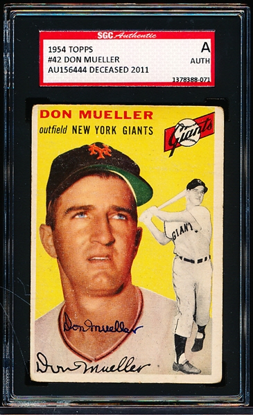 Autographed 1954 Topps Baseball- #42 Don Mueller, Giants- SGC Certified & Encapsulated