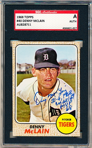 Autographed 1968 Topps Baseball- #40 Denny McLain, Tigers- SGC Certified & Encapsulated