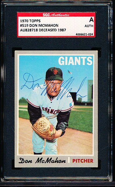 Autographed 1970 Topps Baseball- #519 Don McMahon, Giants- SGC Certified & Encapsulated