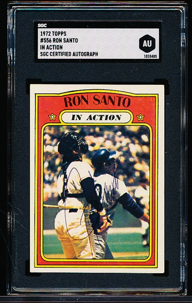 Autographed 1972 Topps Baseball- #556 Ron Santo IA, Cubs- SGC Certified & Encapsulated