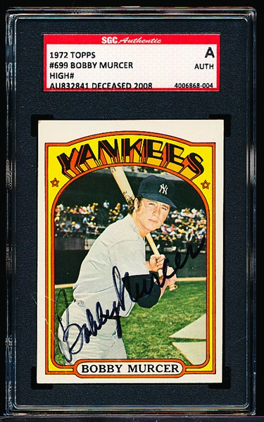 Autographed 1972 Topps Baseball- #699 Bobby Murcer, Giants- Hi# - SGC Certified & Encapsulated