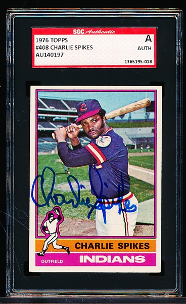 Autographed 1976 Topps Baseball- #408 Charlie Spikes, Cleveland- SGC Certified & Encapsulated