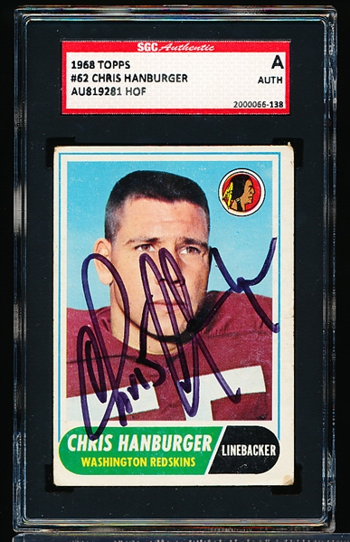 Autographed 1968 Topps Football- # 62 Chris Hanburger, Washington- SGC Authentic Certified & Encapsulated