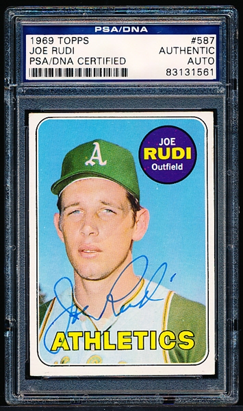 Autographed 1969 Topps Baseball- #587 Joe Rudi, A’s- Rookie Card!- PSA/DNA Certified & Encapsulated