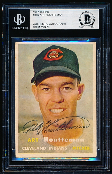 Autographed 1957 Topps Baseball- #385 Art Houtteman, Cleveland- Beckett Certified & Encapsulated