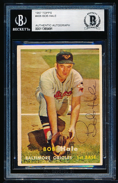 Autographed 1957 Topps Baseball - #406 Bob Hale, Baltimore- Beckett Certified & Encapsulated