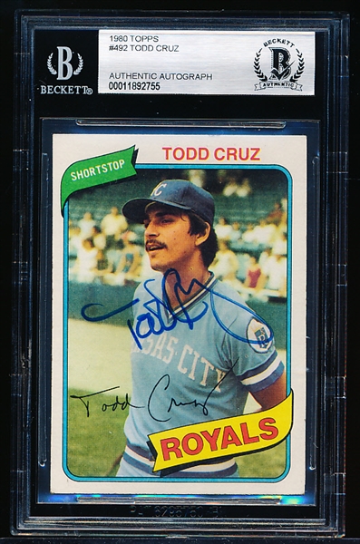 Autographed 1980 Topps Baseball- #492 Todd Cruz, Royals- Beckett Certified & Encapsulated