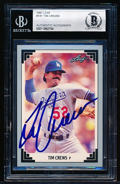 Autographed 1991 Leaf Baseball- #141 Tim Crews, Dodgers- Beckett Certified & Encapsulated
