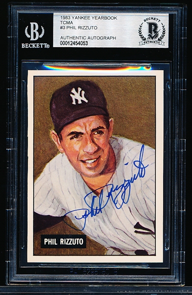 Autographed 1983 TCMA Yankee Yearbook Bb- #3 Phil Rizzuto (1951 Bowman style)- Beckett Authenticated & Encapsulated
