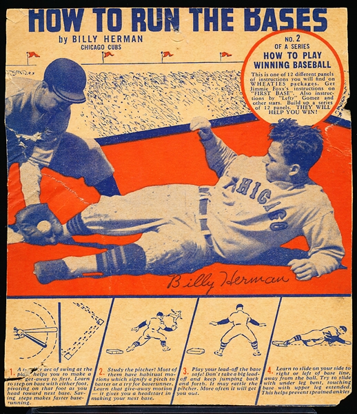 1936 Wheaties Baseball- Series 5- “How To Play Winning Baseball”- #2 Billy Herman, Cubs